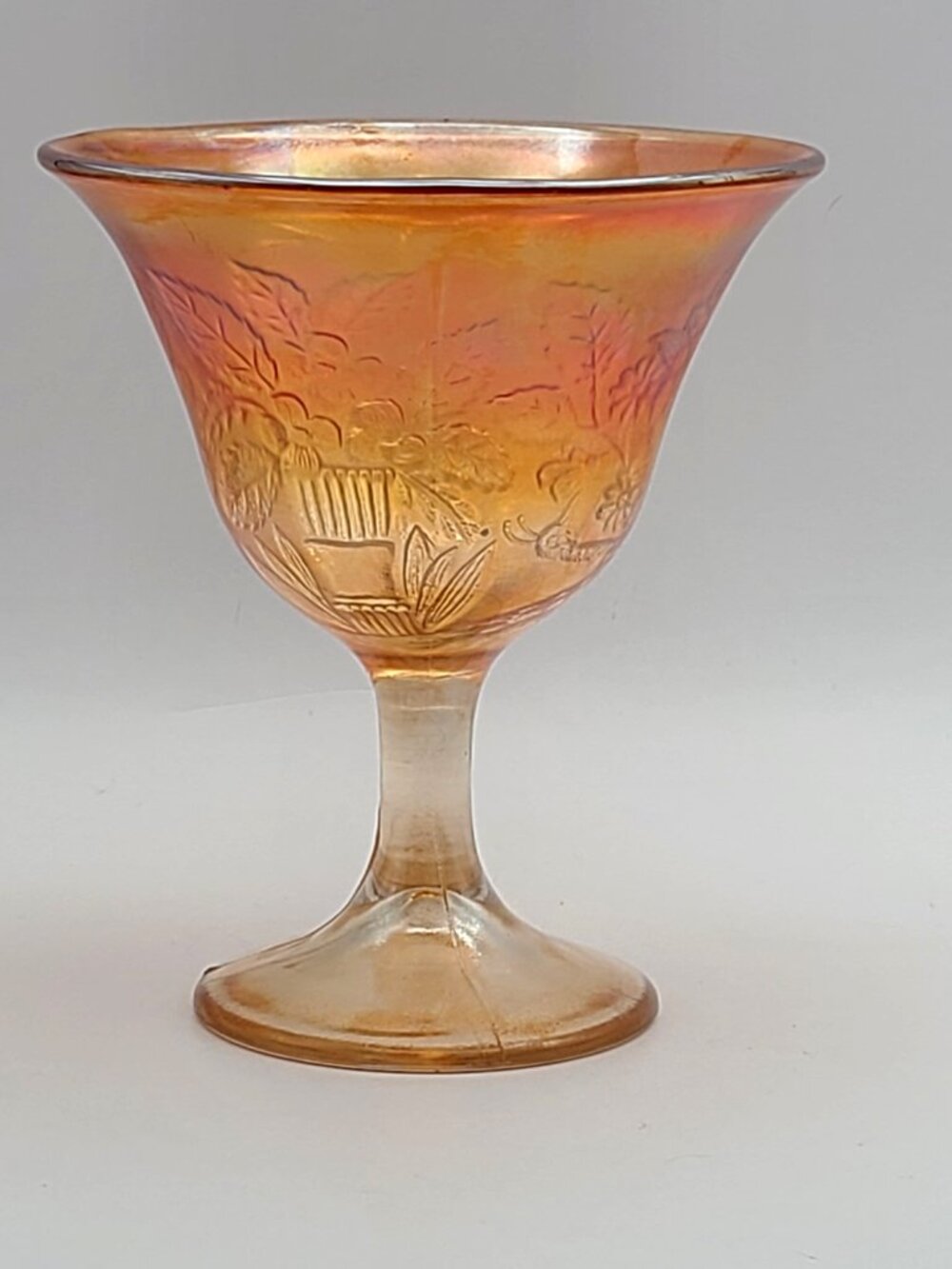 Fenton Antique Peacock Urn Compote Marigold Carnival Glass 5.5" - Picture 4 of 11